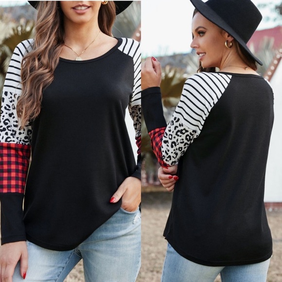 BLACK Crew Neck Print Splice Waffle Knitted NEW - Picture 1 of 1